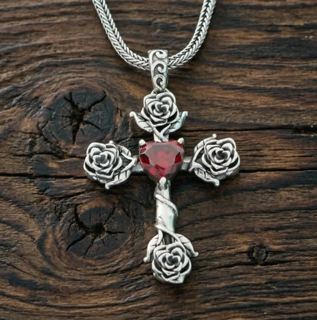 Sterling Silver Thorn Rose Cross Red Diamond Heart Necklace Women's Retro Pendant Unique Design Feeling Neckchain Summer