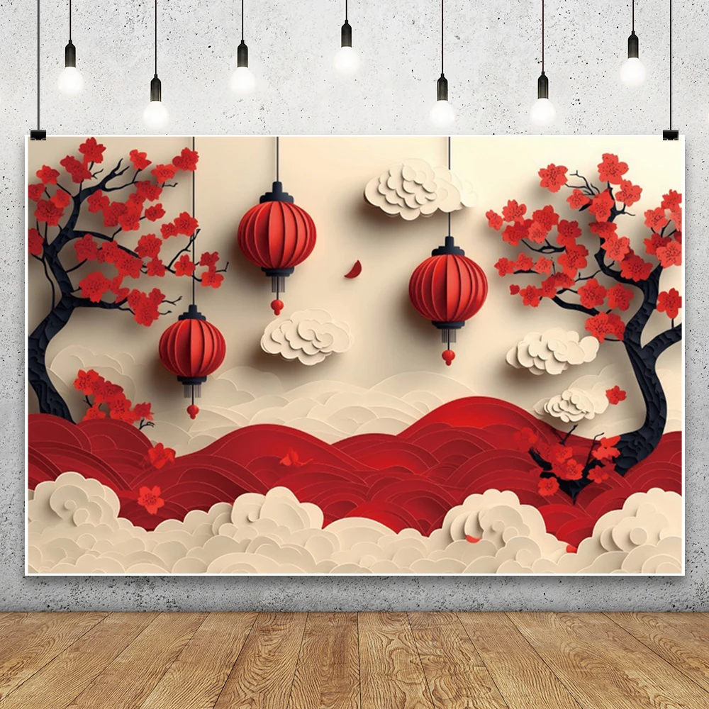 Red Chinese Style Wedding Party Backdrop Ancient Architecture Screen Flower Lantern Oil Paper Umbrella New Year Decor Background