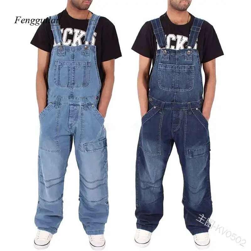 Men's Vintage Denim Bib Overalls Adjustable Straps, Multi-Pocket Design, Loose Fit Retro Workwear Style for Casual Wear