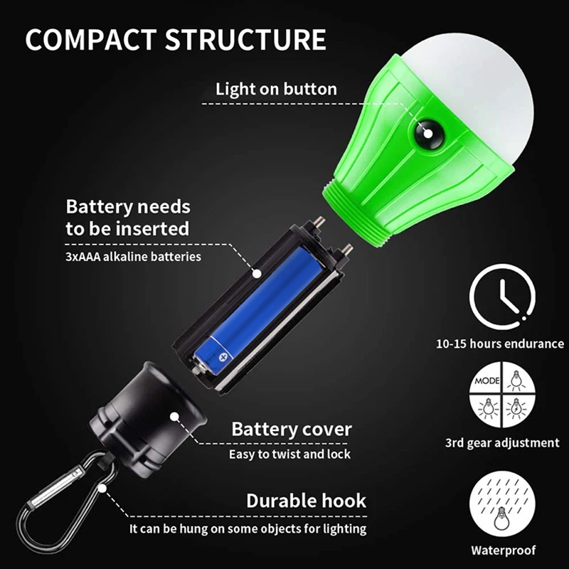 X-TIGER Tent Lamp Mini Lighting Lantern Tent Light LED Bulb Emergency Lamp Waterproof Hanging Hook Flashlight Camping Light