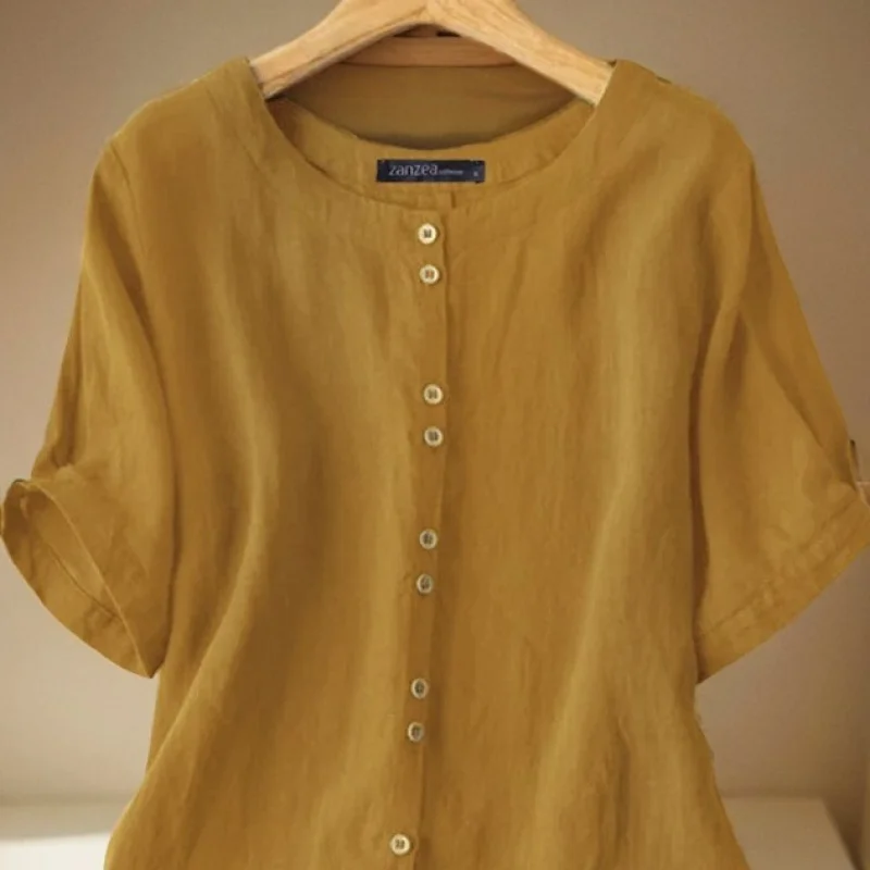 

2025European and american plus size women's clothes 2025Vintage Style Short Sleeve Casual Button Round Neck Women's Top