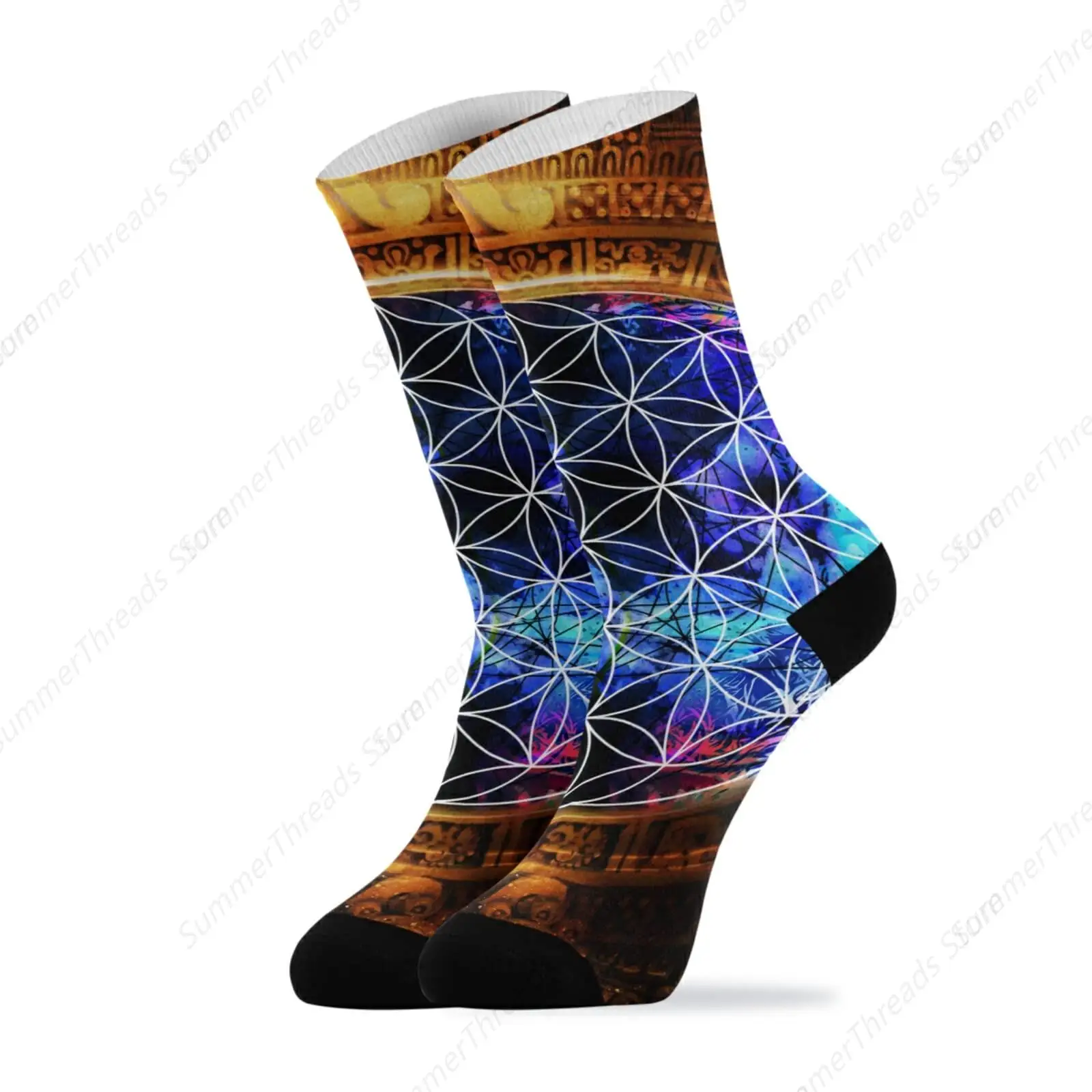 Ancient Mayan Calendar Purple Gold Pattern Flower of Life Casual Compression Crew Knee High Sock Athletic Soft Circulation Socks