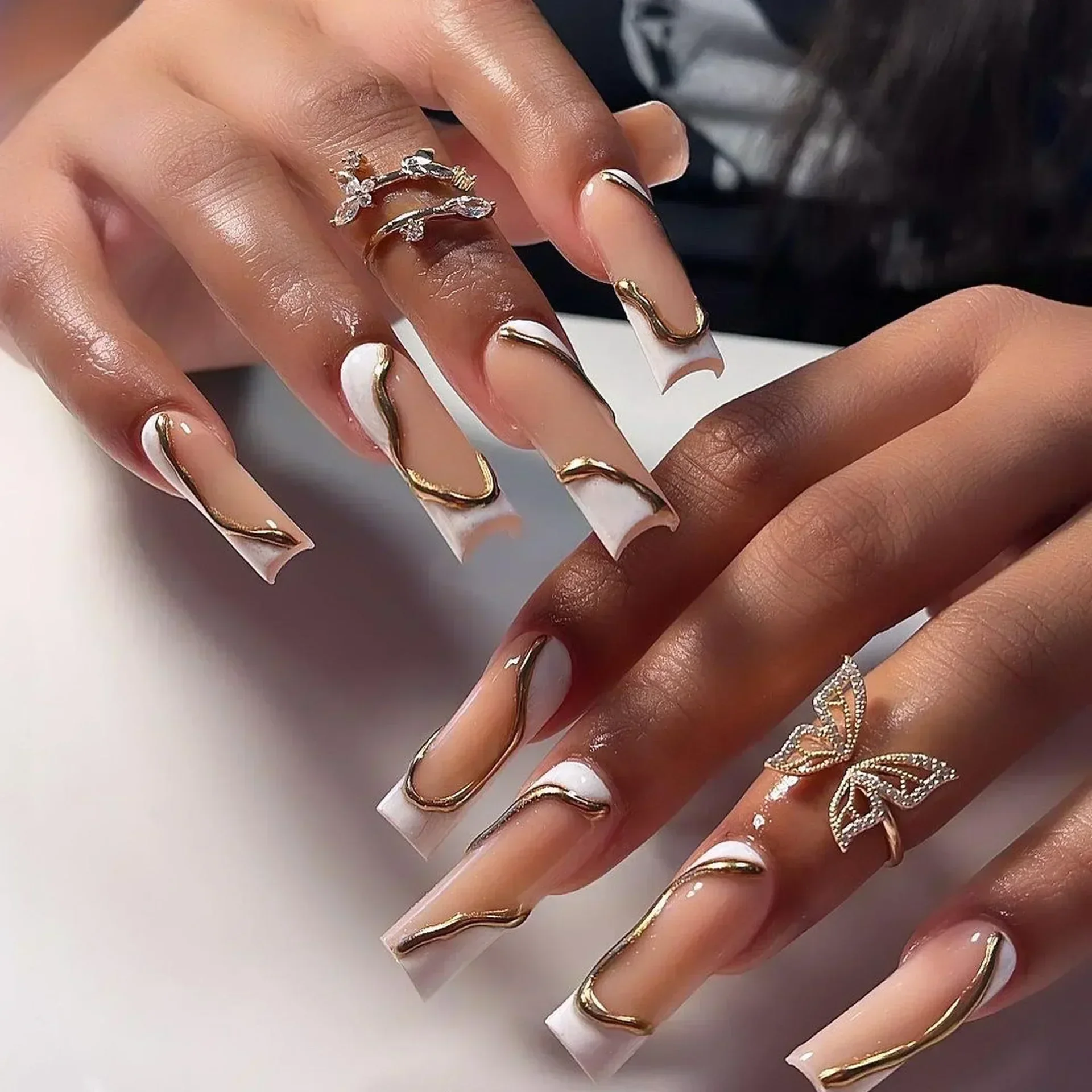 24Pcs 3D Long Ballet False Nails White Coffin Wave with French Design Wearable Fake Nails Gold Line Full Cover Press on Nails