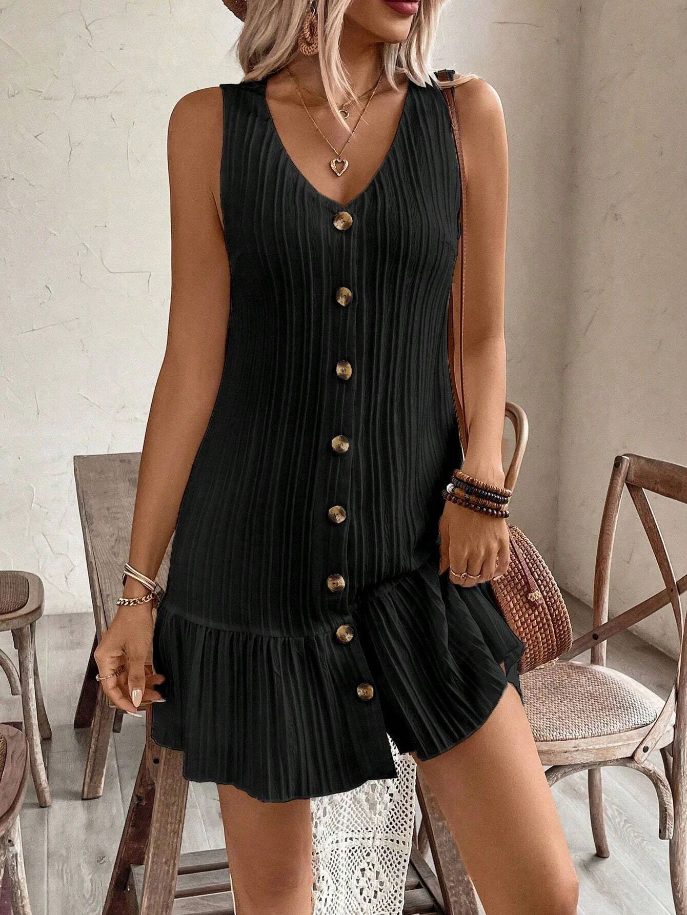 1-teiliges elegantes Sommerkleid mit V-Ausschnitt, A-Linien-Design, bequem und atmungsaktiv, mit Lotusblattrand, großartig und elegant. – Detail 8
