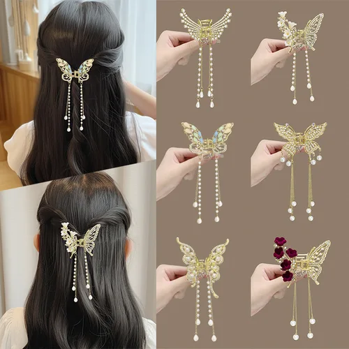Clip de agarre con borla de mariposa para mujer, horquilla para niña, accesorios para el cabello, pinza para el pelo Simple coreana, pinza para el pelo con borla de perlas y mariposa