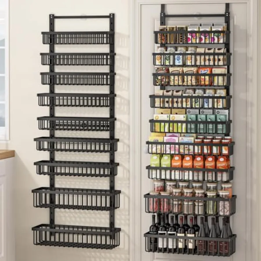 

9 Tier Over The Door Pantry Organizer 2 in 1 Wall Mount or Hanging Spice Rack with Adjustable Deep Basket Heavy-Duty Seasoning