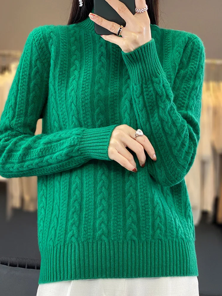 100% Wool Knitted Pullover Women\'s Semi-Turtleneck Long-sleeve Sweater Fashion Jacquard Warm Tops Thick Female Jacket Autumn New