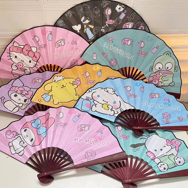 

Cute My Melody Kuromi Folding Fan Sanrio Kawaii Anime Cinnamoroll Pompompurin Silk Cloth Fan Girl Heart Cute Cartoon Bamboo Fan