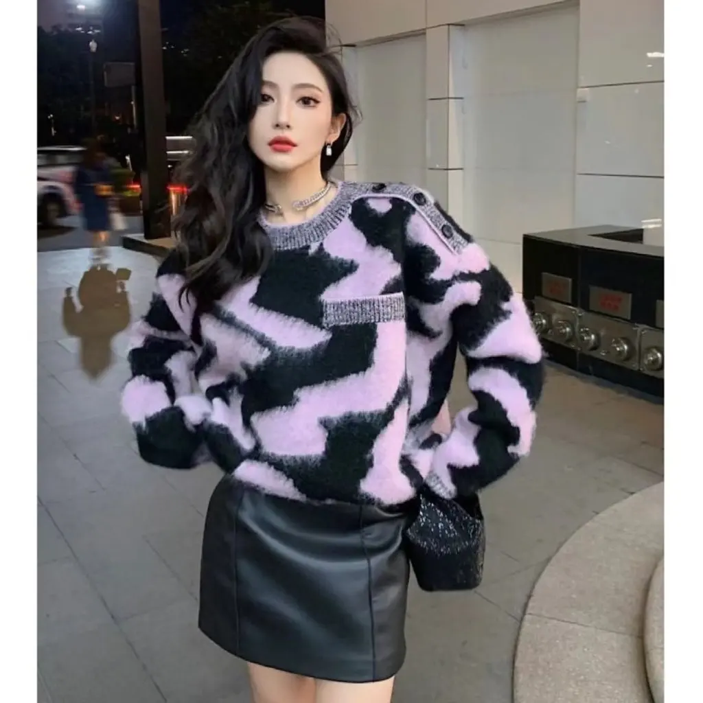 

Women's Japanese Korean Lazy Style Mink Velvet Knitwear Pullover Loose round Neck Outerwear for Autumn Winter