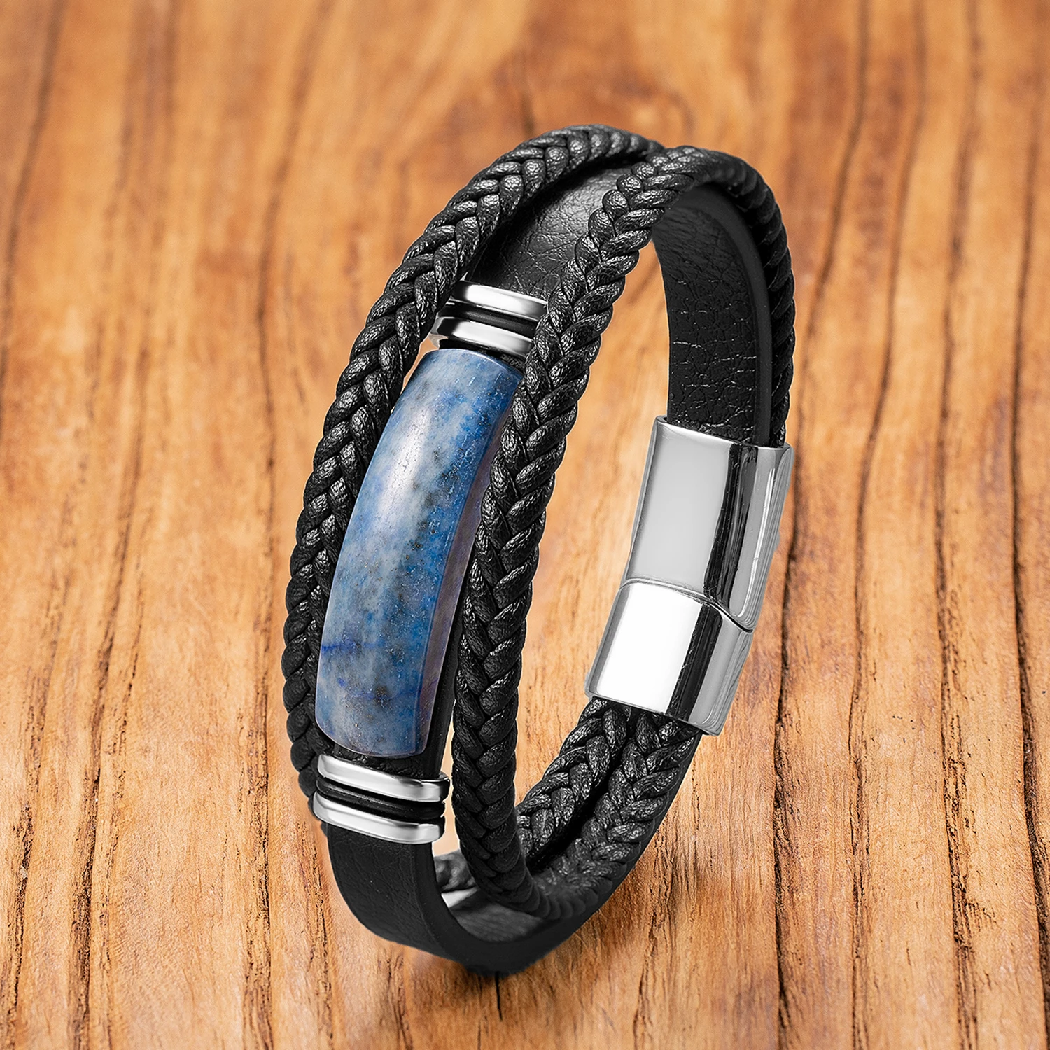 Nieuwe Natuurlijke Lapis Lazuli Steen Armband Homme Zwart Lederen Touw Hoge Kwaliteit Cadeau voor Vriendje Energie Healing Sieraden voor Man