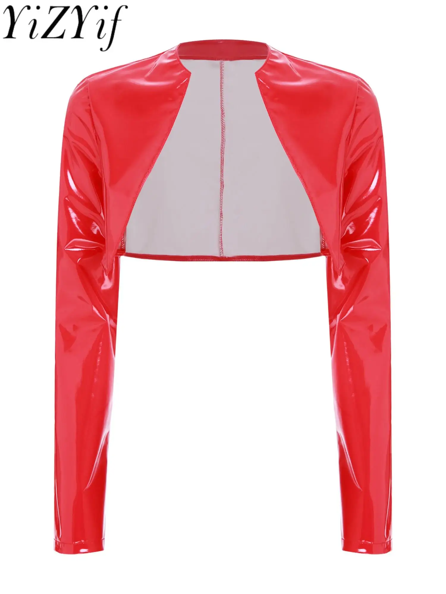 

Cool Women's Wet Look PU Leather Cardigan Long Sleeve Unlined Motor Biker Cropped Jackets for Driving Club Disco Party Wear