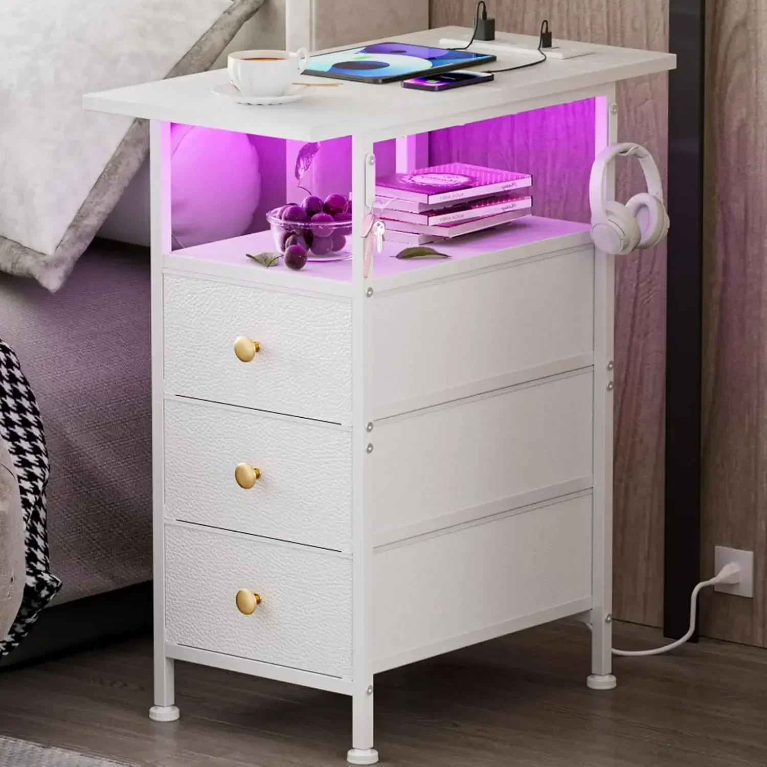 

End Table with Charging Station, Narrow Side Table with 3 Fabric Drawers and Shelf, Skinny Nightstand with LED Light, Slim Table