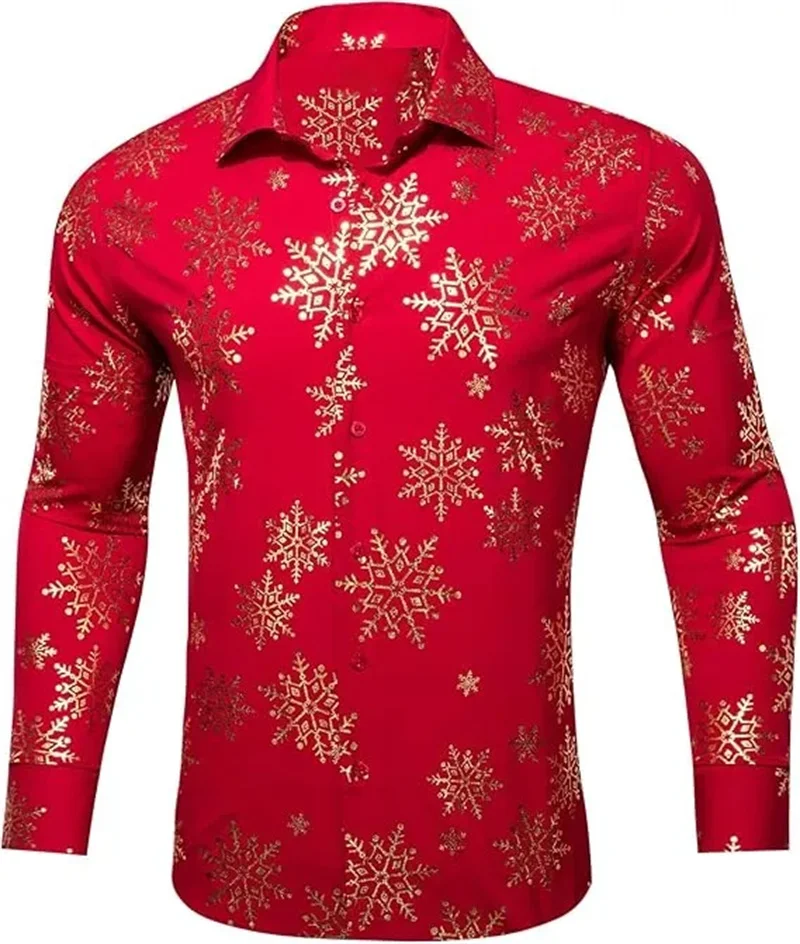 Men's Christmas Long Sleeved Shirt with Red Gold Snowflake Print Collar Button Down Shirt, Casual Christmas Party Shirt Top