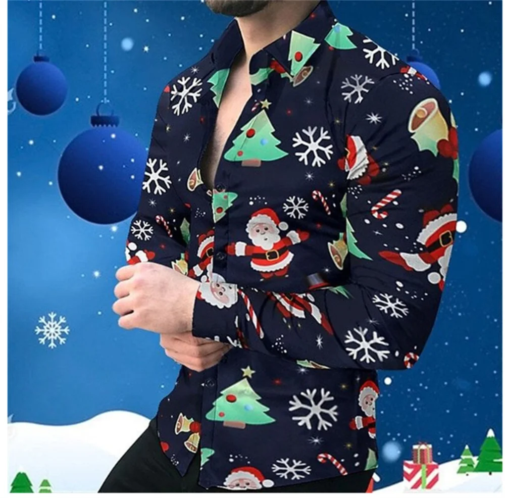 2023 Christmas Gift Men's Long Sleeve Polo Neck Shirt 3D Printing Outdoor Leisure Holiday Party Clothing Plus Size Men's Shirt