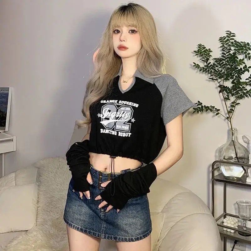 Hikigawa Chic Fashion Women Y2k Vintage Raglan Short Sleeve T-Shirts Streetwear Drawstring Slim Waist Oversleeve Crop Top Mujer