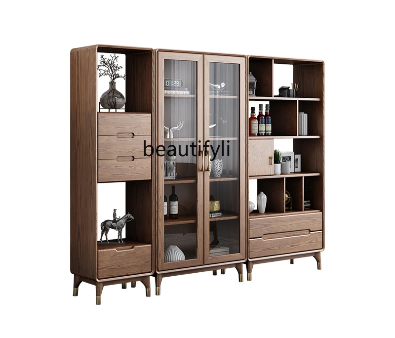 

Nordic Solid Wood Combined Bookcase Living Room Partition Storage Cabinet White Wax Plaid Bookshelf Chinese Study Glass Cabinet