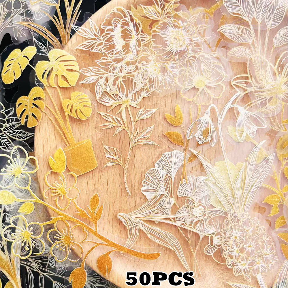 

50pcs gold black and white botanical stickers transparent simple lines floral decoration laptop scrapbook diary guitar DIY