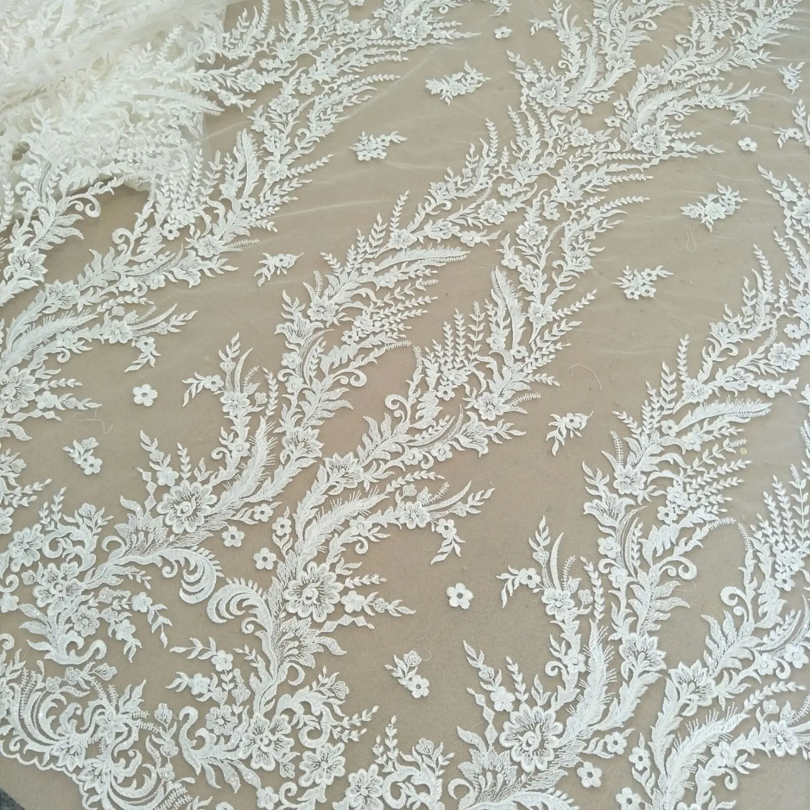 Fashion wedding gown dress lace sequins dress lace fabric 130cm width bridal lace sell by yard