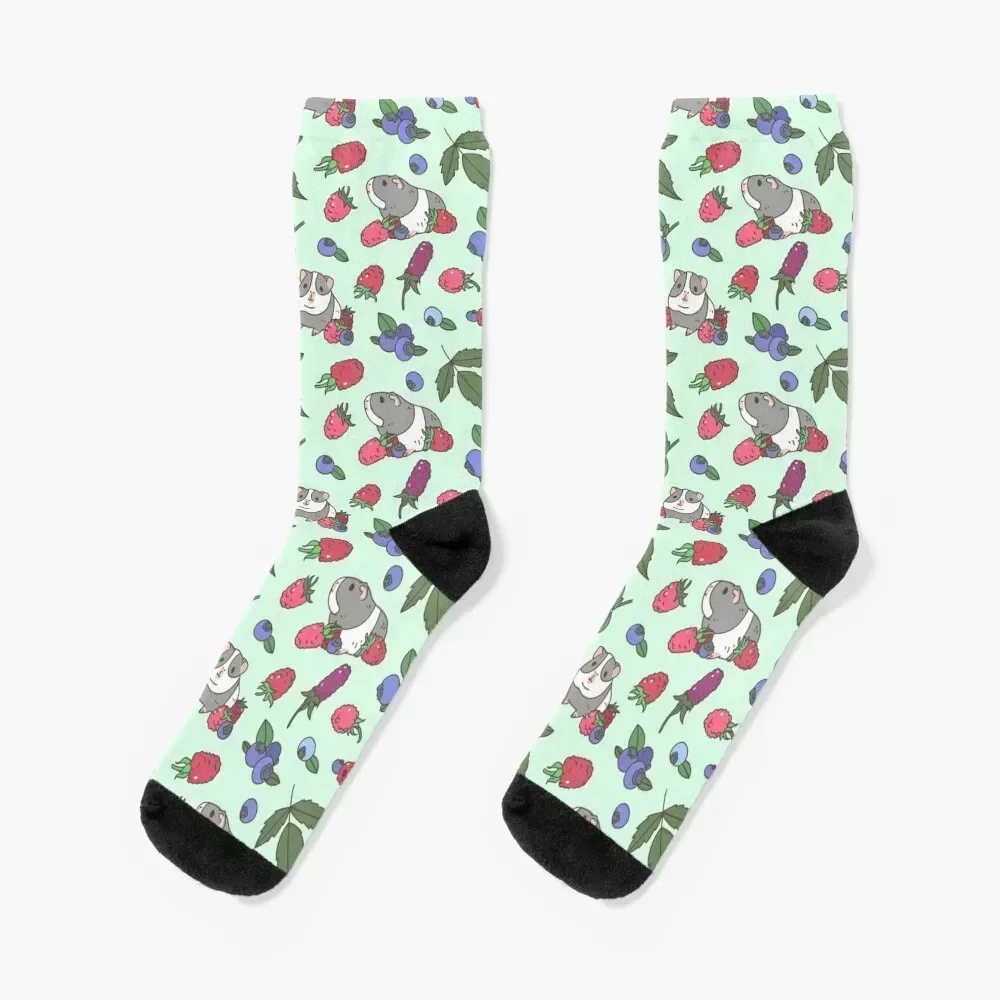 Gray Guinea pig, raspberries and blueberries pattern in mint background Socks halloween colored Crossfit Ladies Socks Men's