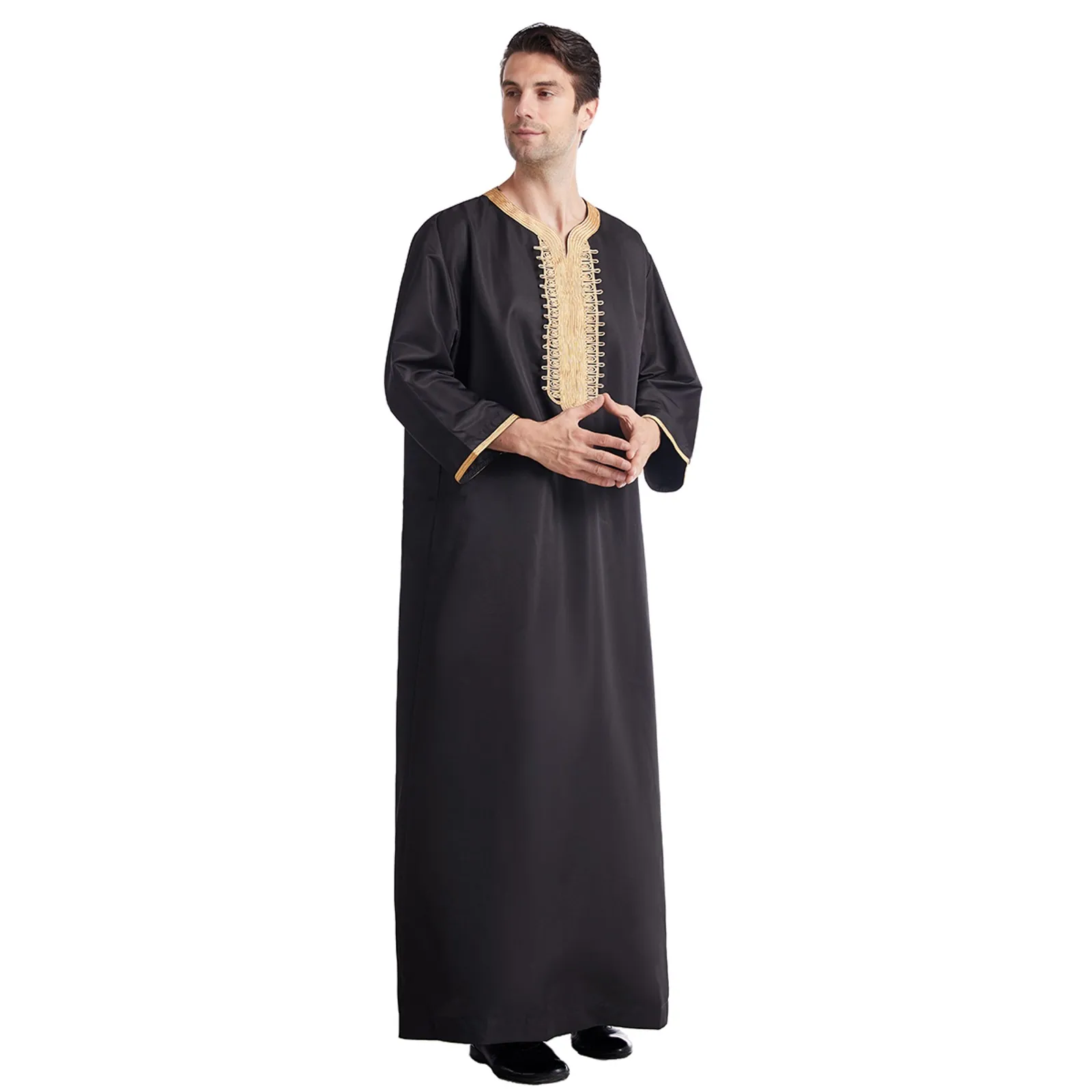 Muslim Middle East Men\'s Short Sleeves Ramada Robe Arab Cardigan Robe Emborider Islamic Kaftan Thawb Maxi-Muslim Dubai