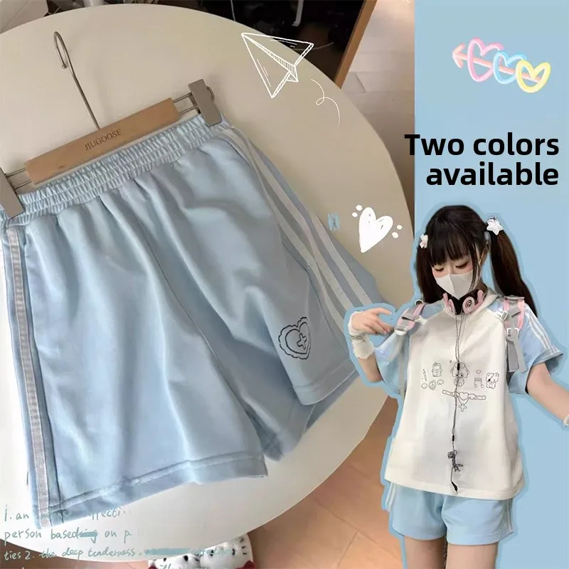 Cute Heart Print Casual Sports orts Women's Student Harajuku Sle Five-Quarter Wide Leg Comfy Faionable Summer 2025