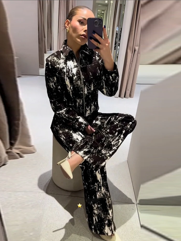 

Casual Printed Women's Two Pieces Set Fashion Lapel Collar Full Sleeve Zipper Coat Long Trousers Chic Spring Lady Suit Commuting