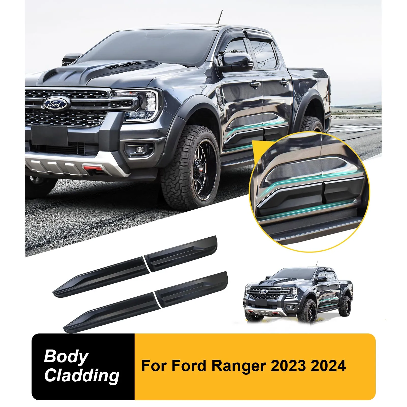 Slim Matte Black Side Door Molding Body Cladding For Ford Ranger Next Gen 2023 2024  Wildtrak XLT XL XLS Sport Accessories