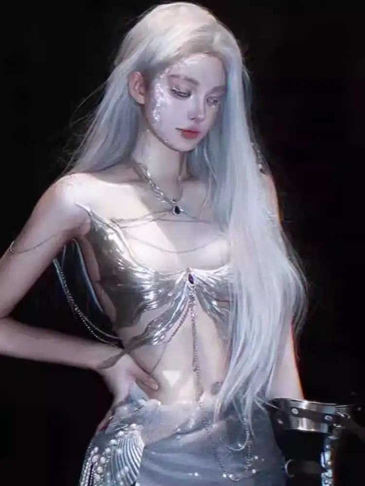 

Xishuangbanna Top Set Mermaid Princess Silver Wing Silver Gold T-stage Show Costume 3D Bra Skirt