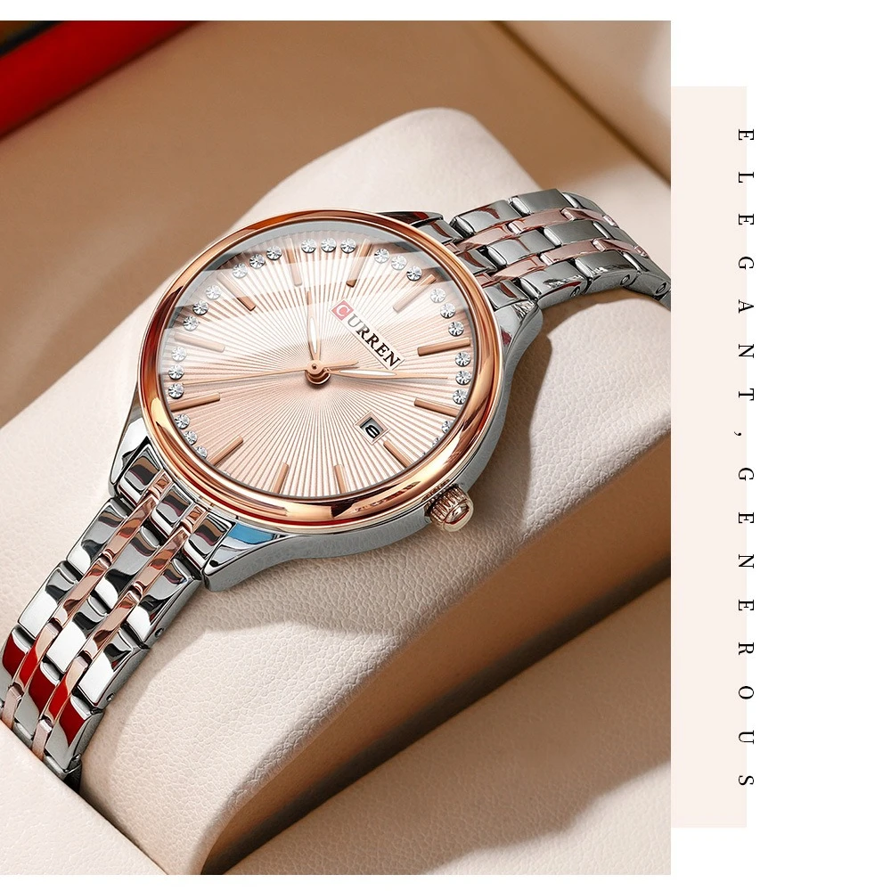 Curren 9099 Fashion Luxury Women's Watch with Diamond Studded Steel Strip Waterproof Calendar Watches for Women Relogio Feminino