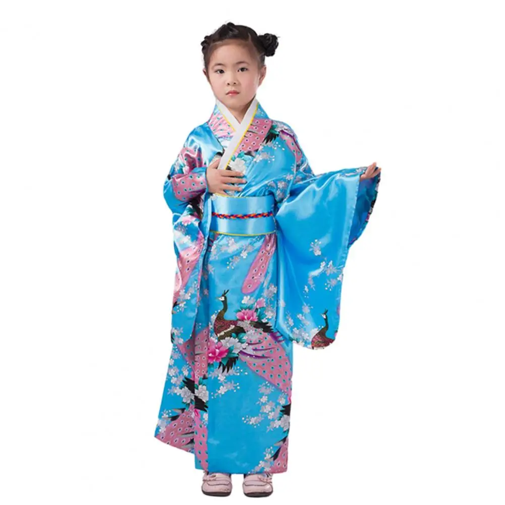 

Elegant Japanese Girls Traditional Kimono Pajama Vibrant Colors Floral Peacock Print Japan Kimono