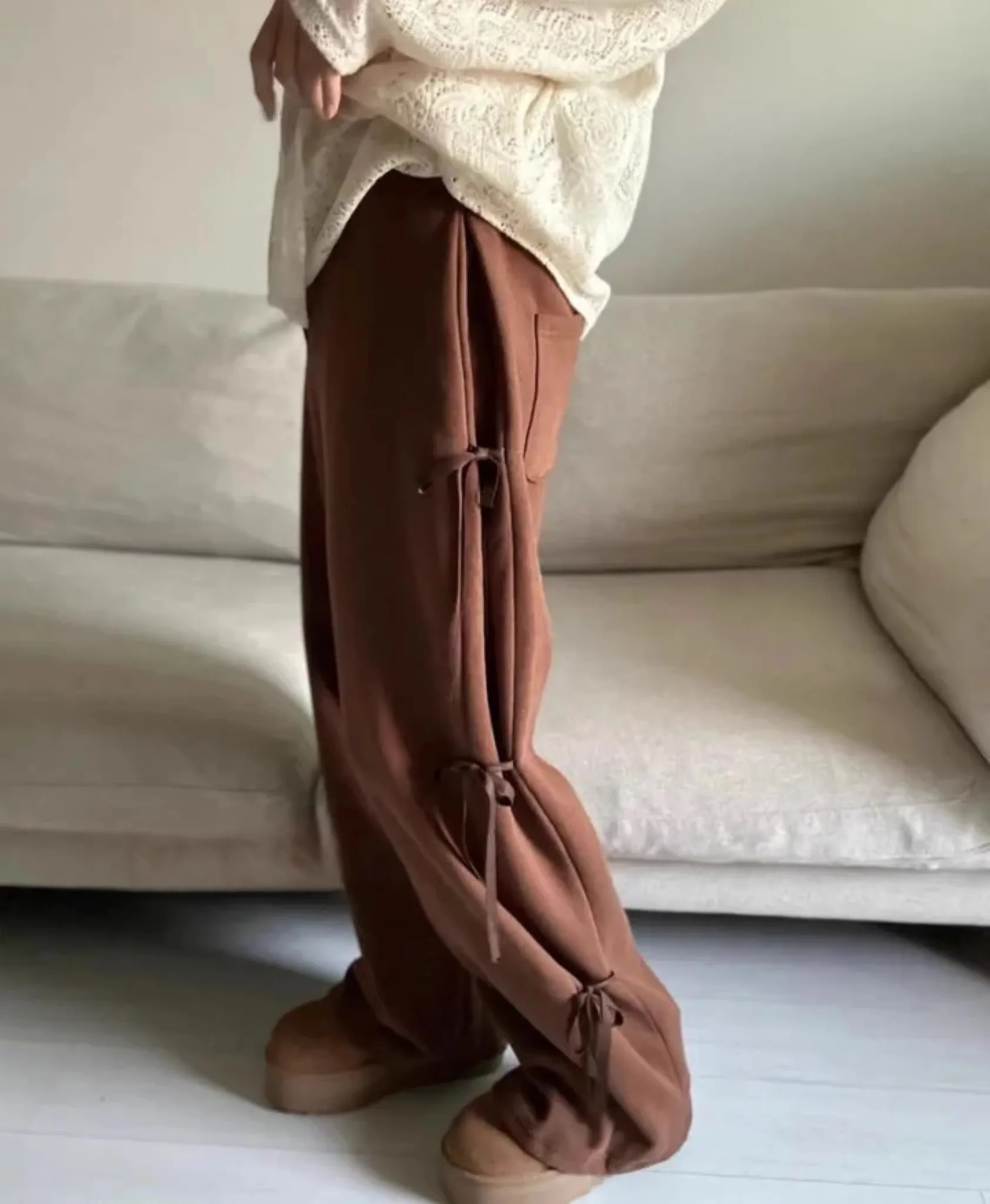 KUSAHIKI Korea Vintage Bow Lace Up Straight Causal Fleece Sweatpant Women 2024 Autumn Winter Long Trousers Causal Pants Mujer