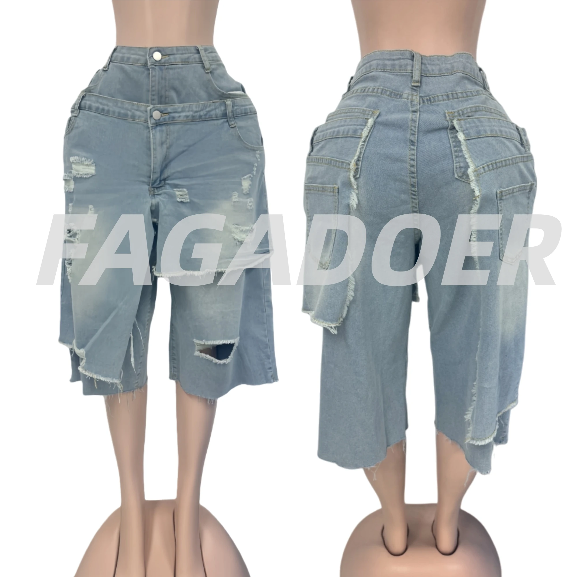FAGADOER Fashion Holes Brushed Patchwork Denim Pants for Woman Solid Color Straight-leg Pants Female Streetwear Bottoms 2025 New