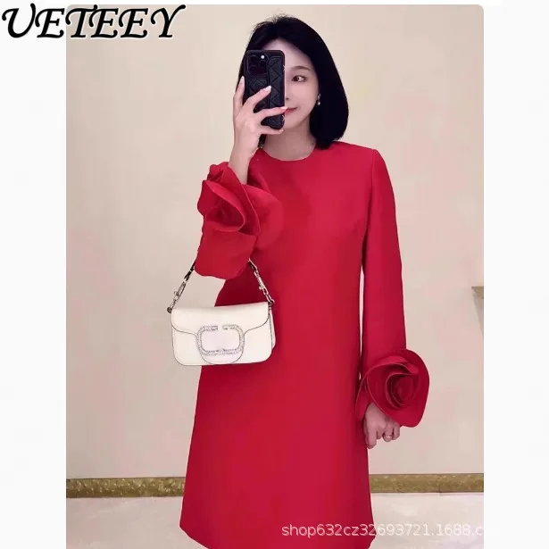 Red Temperament Light Mature Style Flower Dress Women's High Sense Light Luxury Simple Elegant Fashion Thin Party Dresses