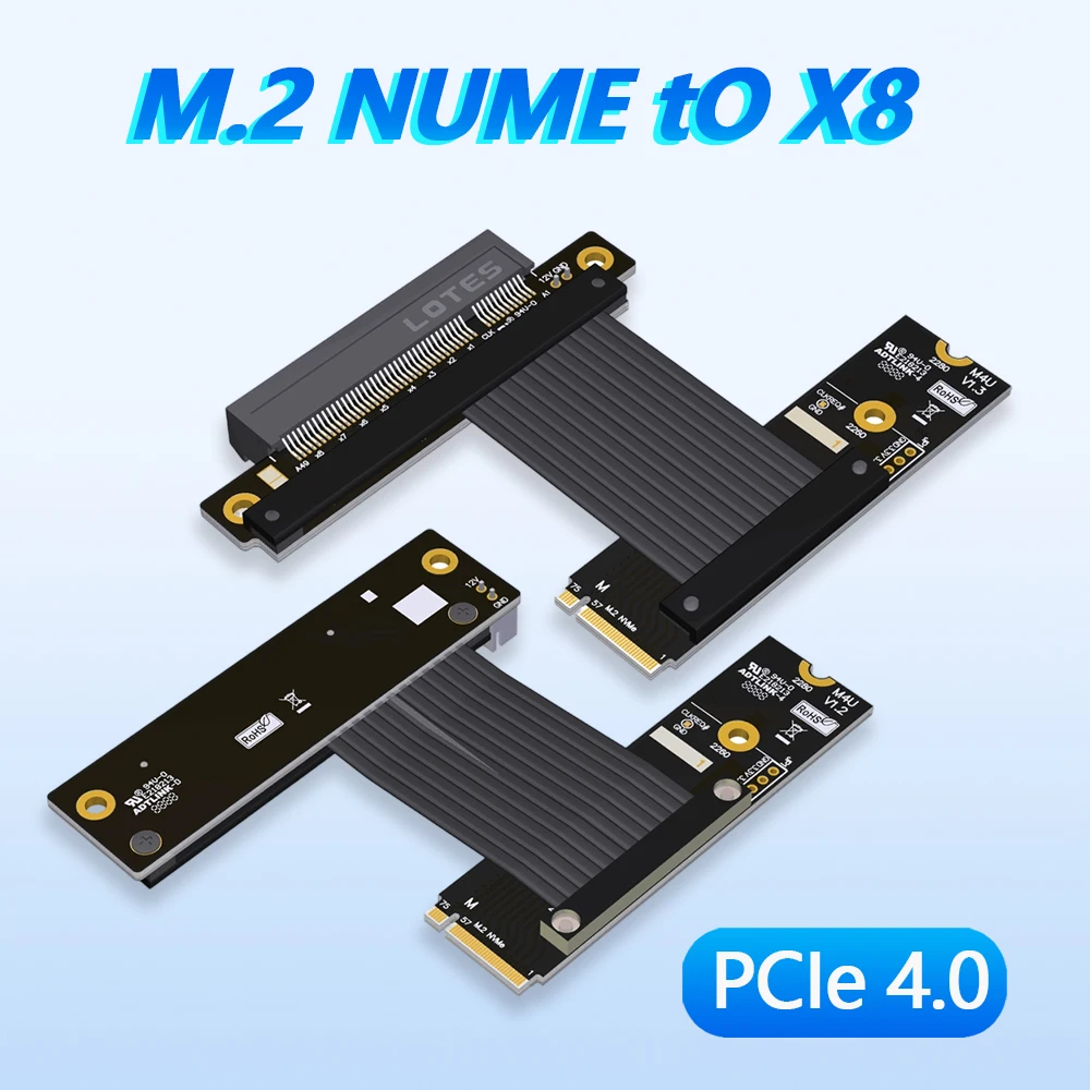

PCIe x8 to M.2 NVMe Extension Adapter Cable for NVMe SSD PCIE 4.0 x4 Gen4 64G/bps 5-80cm M48 90-270 degrees Power Cord Included