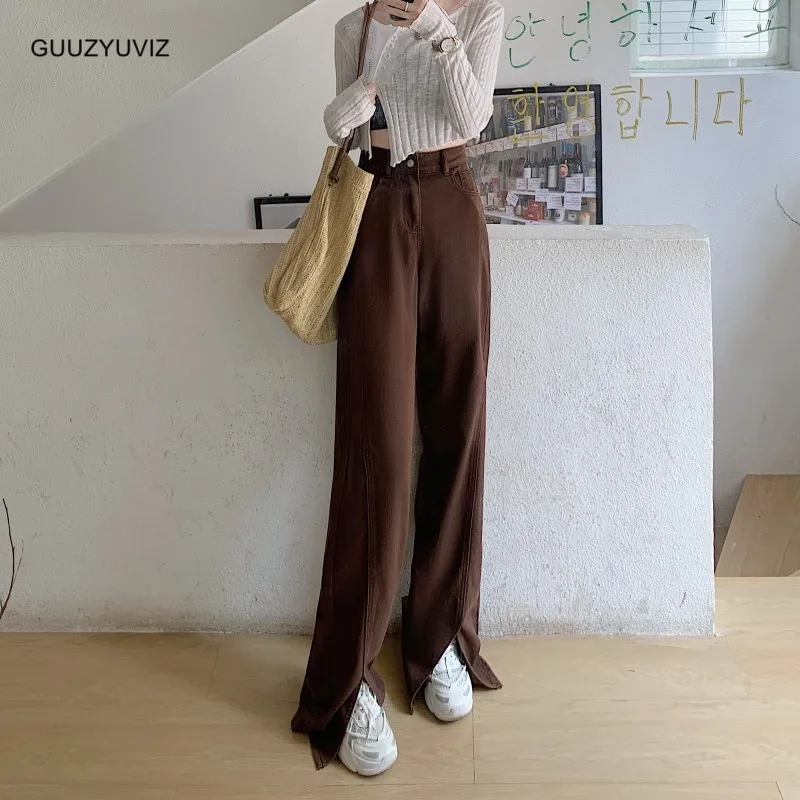 

GUUZYUVIZ Autumn New Coffee American High Waist Wide Leg Trousers Trendy Loose Straight Split Floor Dragging Jeans for Women