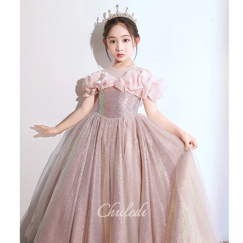 Blumenmädchenkleider, Rundhalsausschnitt, Volant, Perlen, Geburtstag, Prinzessinnenkleider