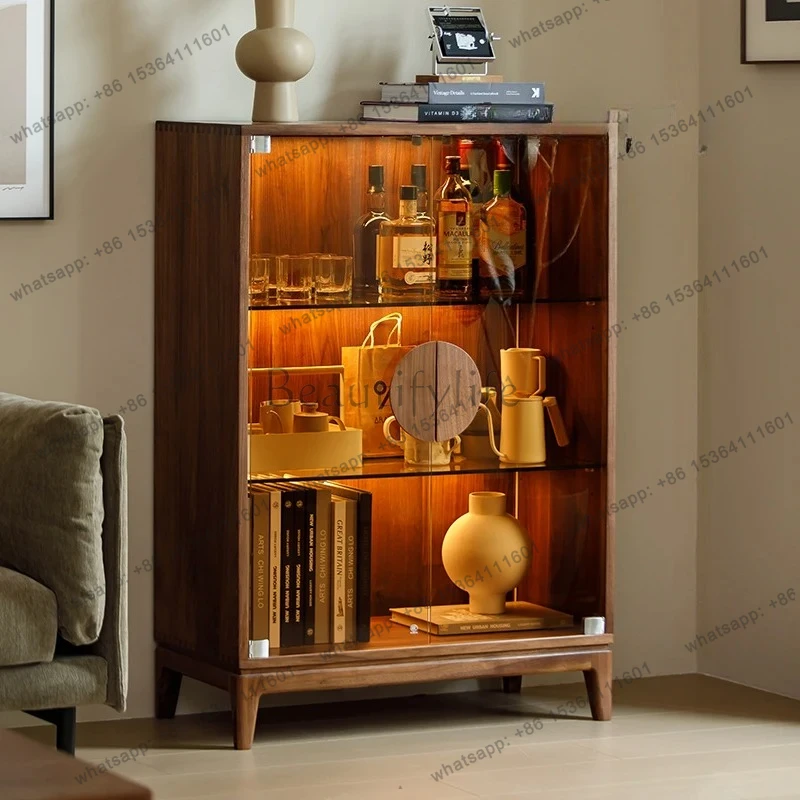 

North American Black Walnut Display Cabinet Full Solid Wood Dining Side Wine Cabinet Multifunctional Double Door Locker