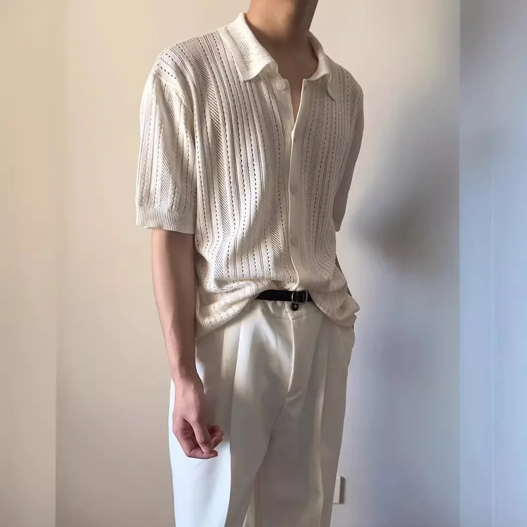 Hollow Retro POLO Lapel Short-sleeved Knitted Sweater Men's Summer New Solid Color Thin Cardigan Tide