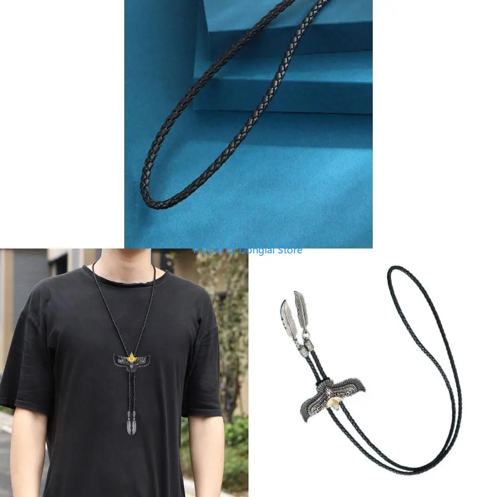 L21E Bolo Tie Leather Rope Metal Flying Western Necklace with Feathered Pendant