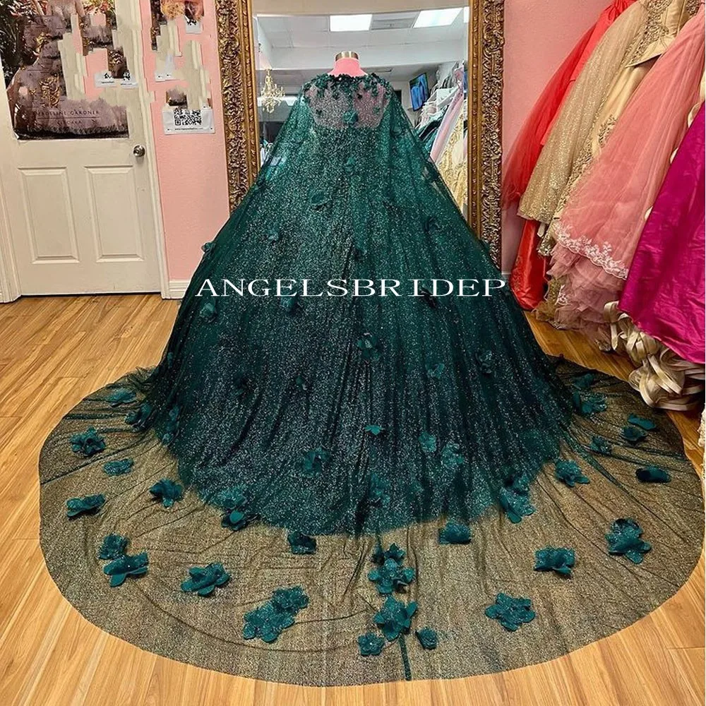 Angelsbridep Vestido De baile verde esmeralda, quinceañera, corsé De cristal con cuentas, 15 años con capa, flores 3D