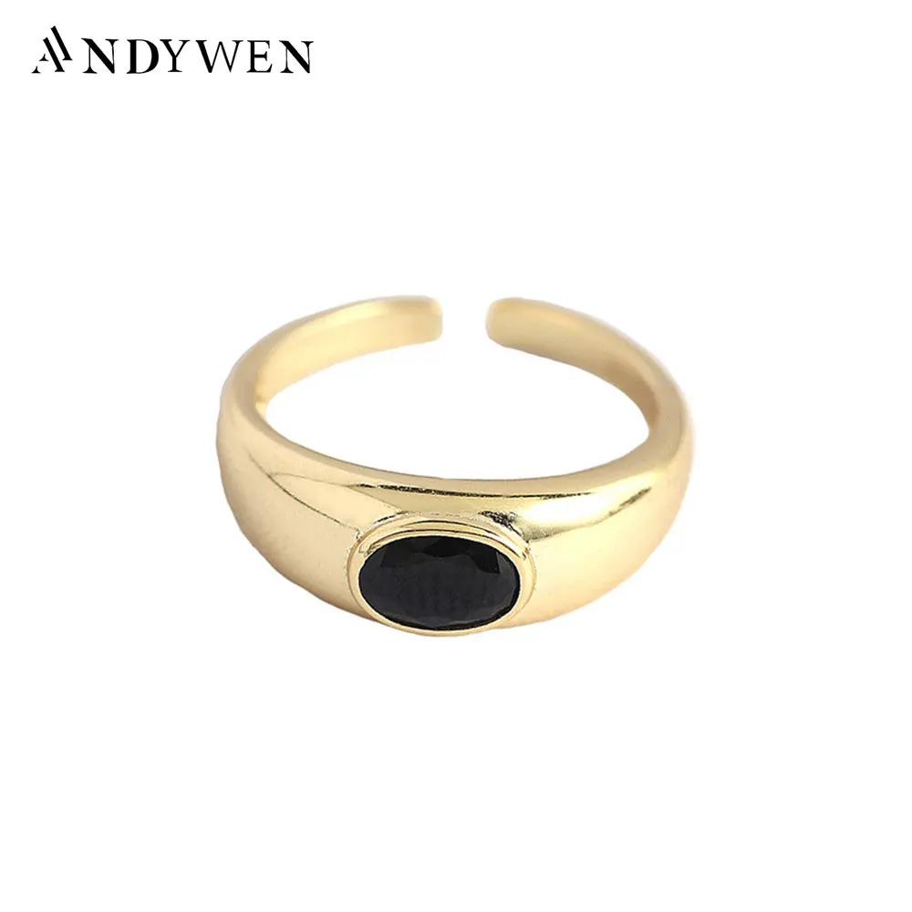 ANDYWEN 925 Sterling Silver Gold Black Zircon Ovals Resizable Rings Aadjustable CZ Party 2021 Women Wedding Jewelry Gift