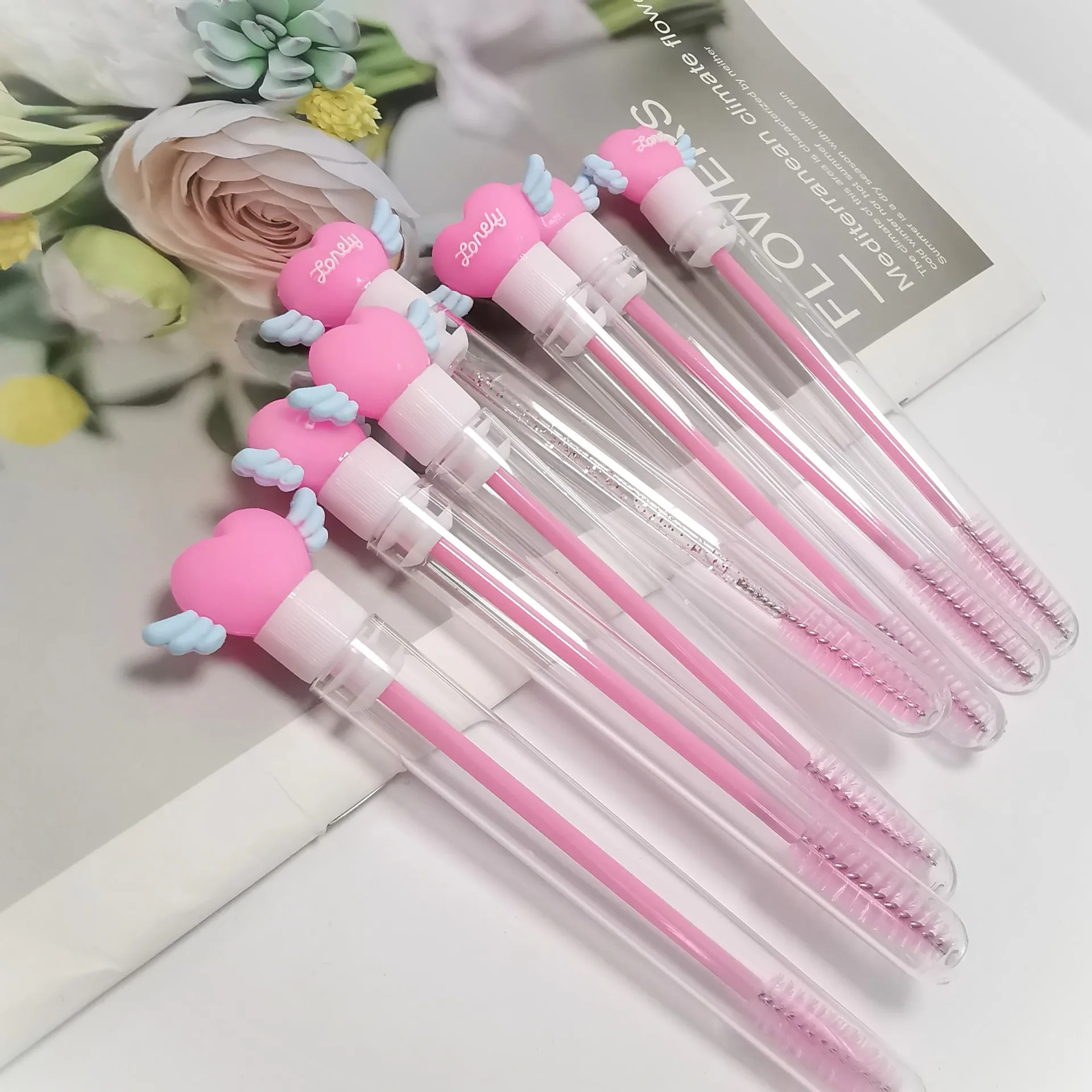 Wholesale Heart Shape Angel Wing Shape Model Eyelash Brush Tube Mascara Wand Lash Spoolies Tubes Eyelash Spoolie Brush with Tube