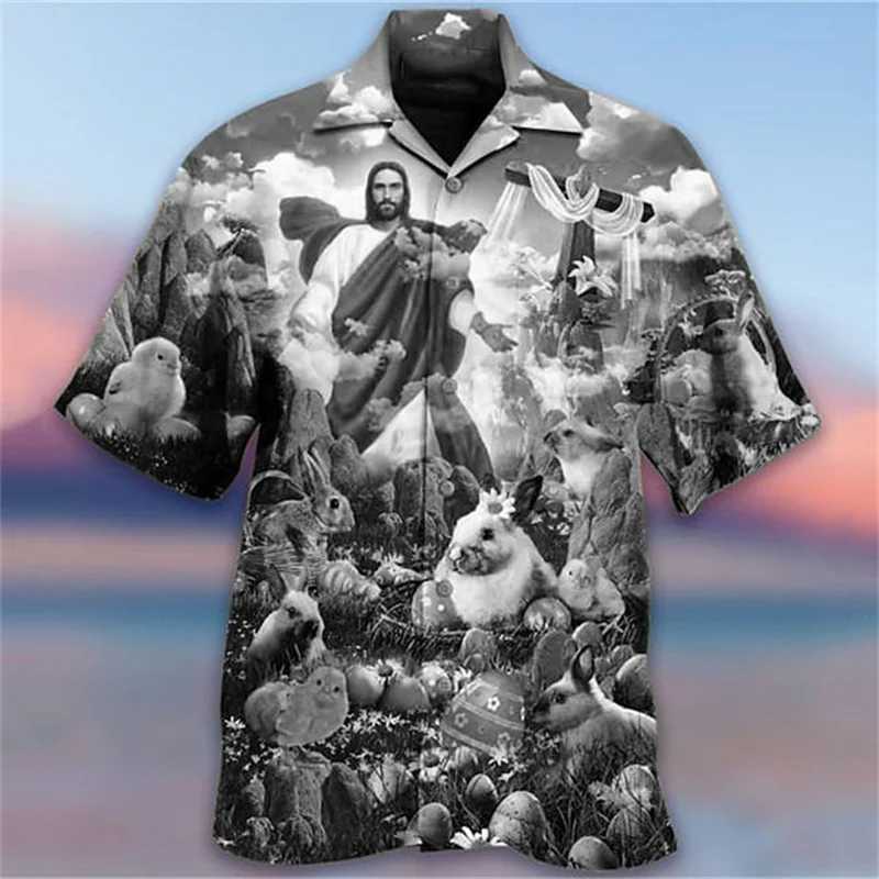 Jesus Christ Animal Shirts For Men Hawaiian 3d Printed Pattern Christians Mary Crucified Breathable Beach Casual Short Sleeved