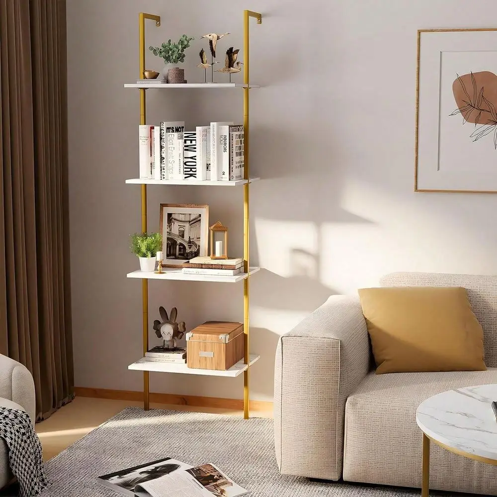 

Shelf 4 Tiers Metal Industrial Bookshelf,Brown Wood Tall Open Storage Rack And Display Shelves,Wall Mount Wide Book Case For Ho