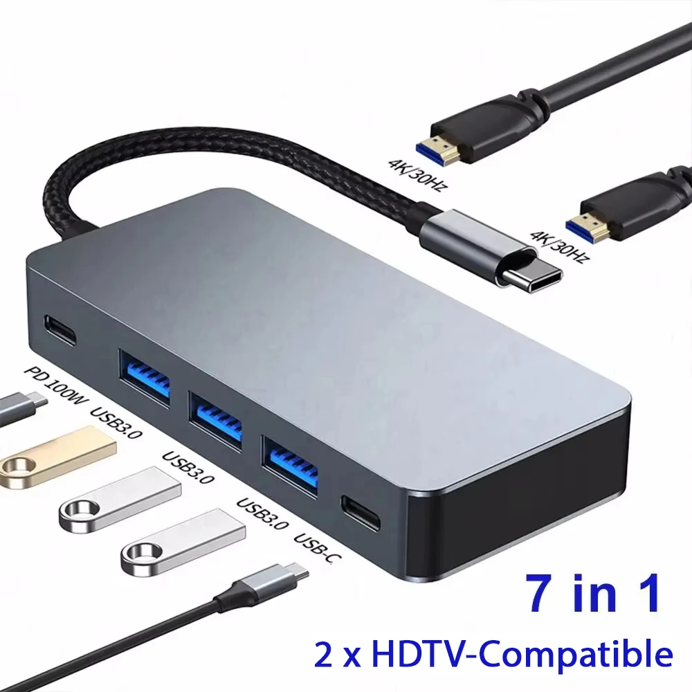 Docking Station Hub Usb 3.0 Multifunctional, Usbc, Pd100w, 2 HDTV, Mst 4k Compatible With Multi Screen Display Extension 7-In-1