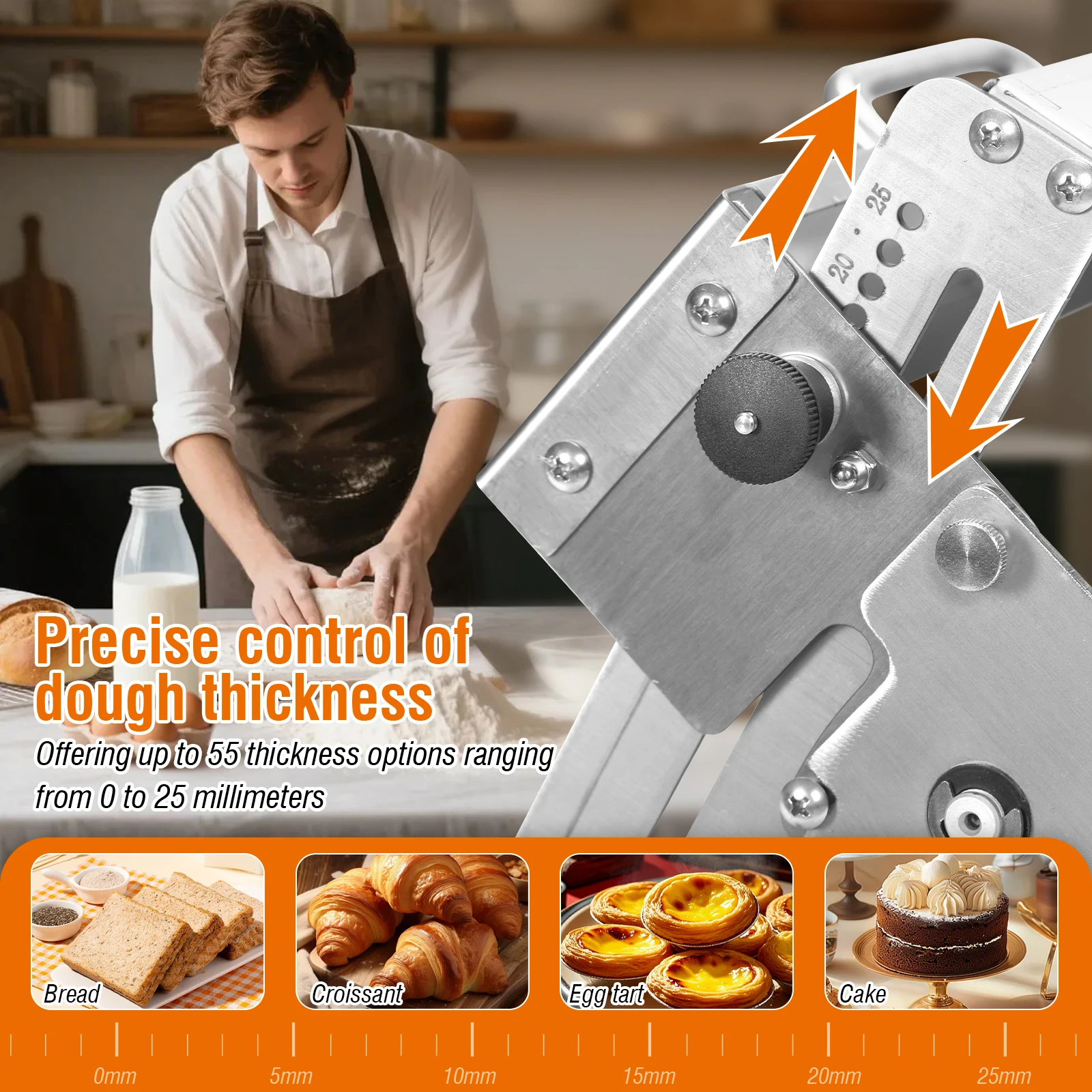 Máquina para Amasar de Acero Inoxidable con 2 Tablas de Amasar, 55 Espesores Ajustables y 0-25 mm para Croissants, Pizza, Masa de Pastel y Repostería