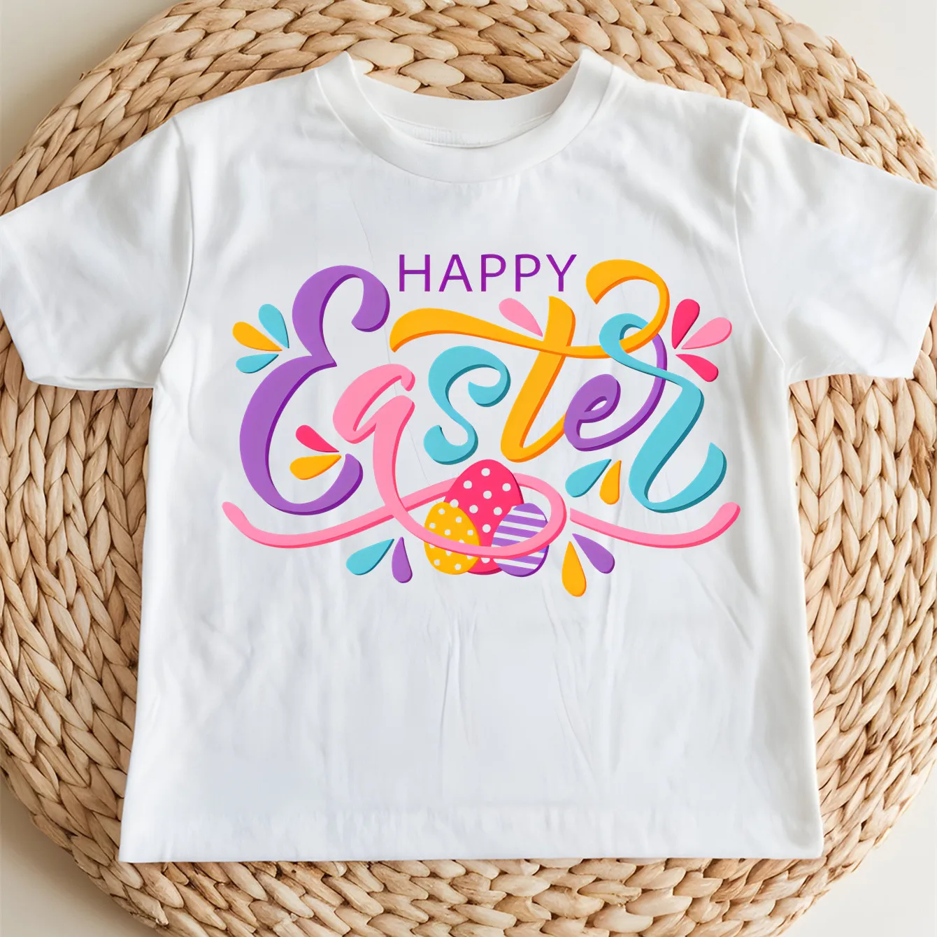 

Детская удобная футболка из чистого хлопка с принтом «Счастливой Пасхи» и цветными линиями, для девочек, с круглым вырезом, с коротким рукавом, для активного отдыха