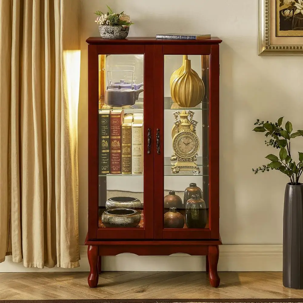 Illuminated Cherry Wood Floor Standing Glass Curio Cabinet with Adjustable Shelves, Mirrored Back, and Tempered Glass Door