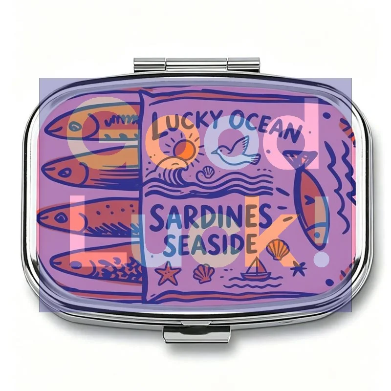 【WA】Portable Metal Pill Case With Sardine Print Sturdy Hinged Lid Perfect For Travel Daily Carry 2-Compartment