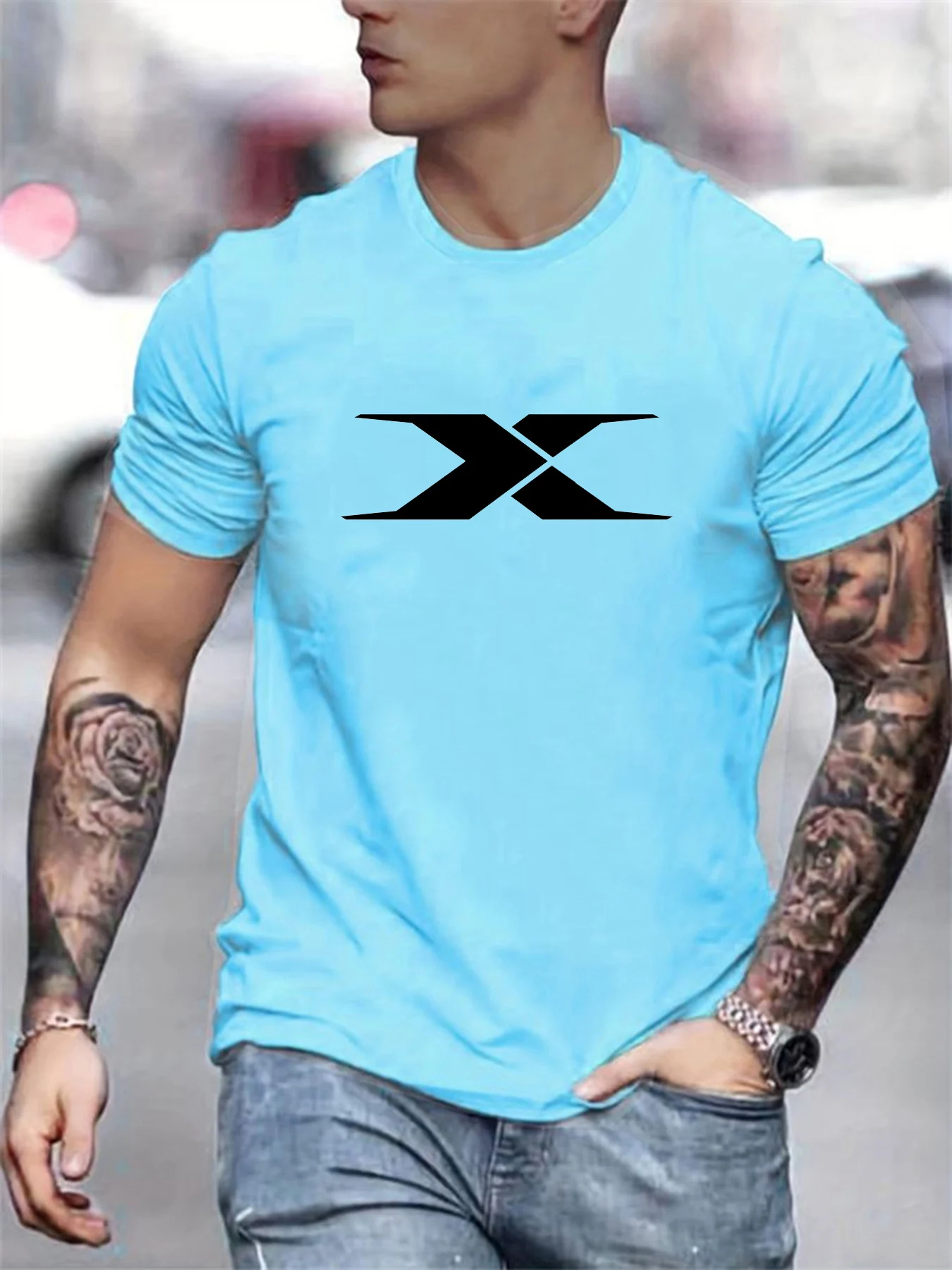 Summer men's 100% cotton casual loose fit large X letter print round neck short sleeved T-shirt top High Street Unisex style